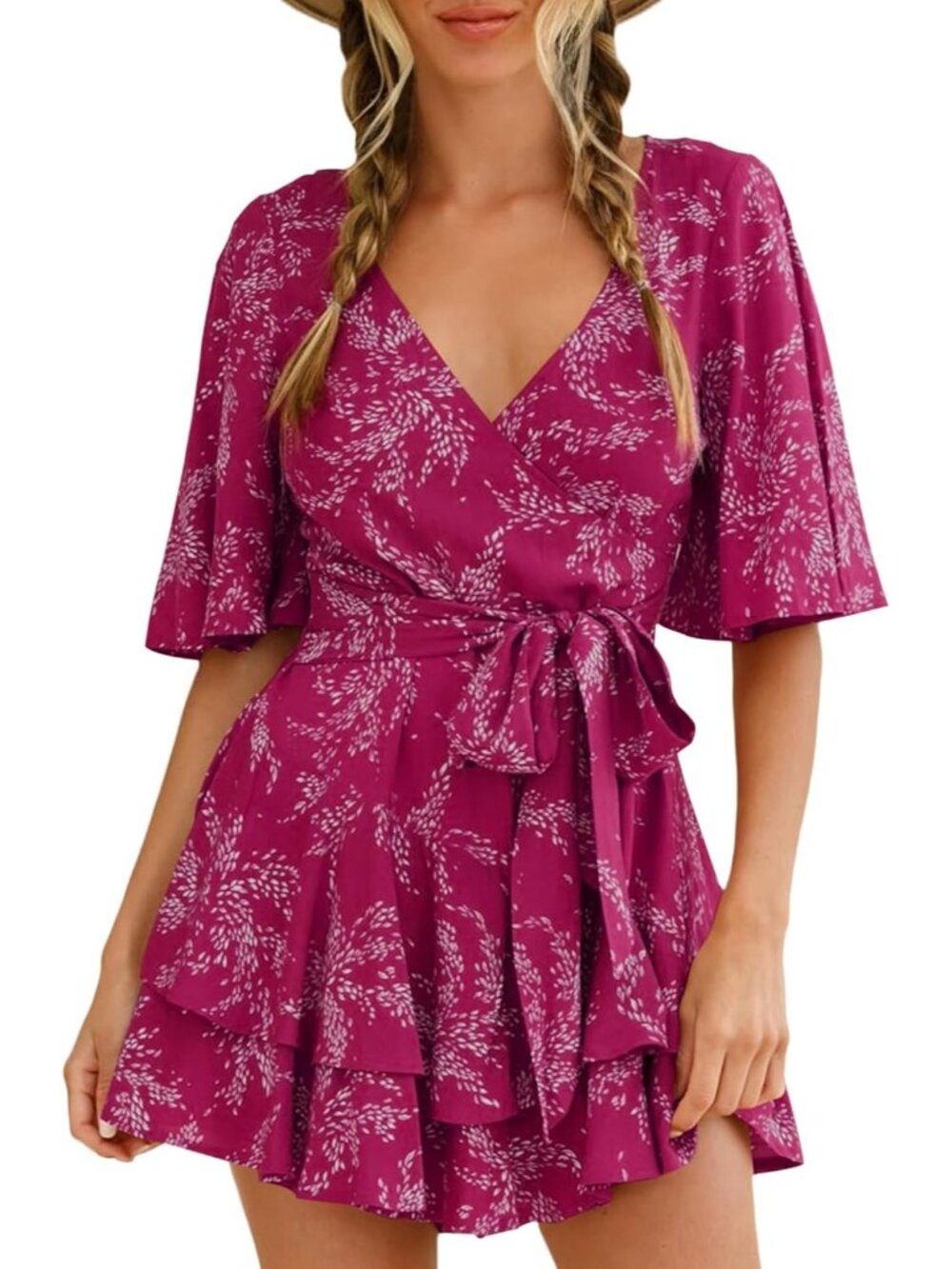 Women's Summer Short Hot Pink Flared Sleeve Romper V Neck Floral Print Jumpsuit